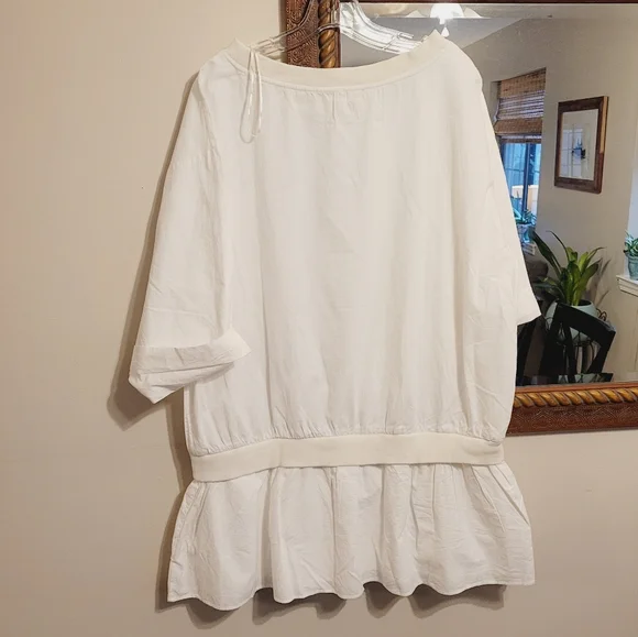 NEW Pullover Cotton Mini Dress Tunic Shirtdress White Short Sleeve Flounced - Picture 3 of 3